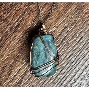 Blue Apatite Wire Wrapped Necklace Tumbled Gemstone Pendant Antiqued Brass